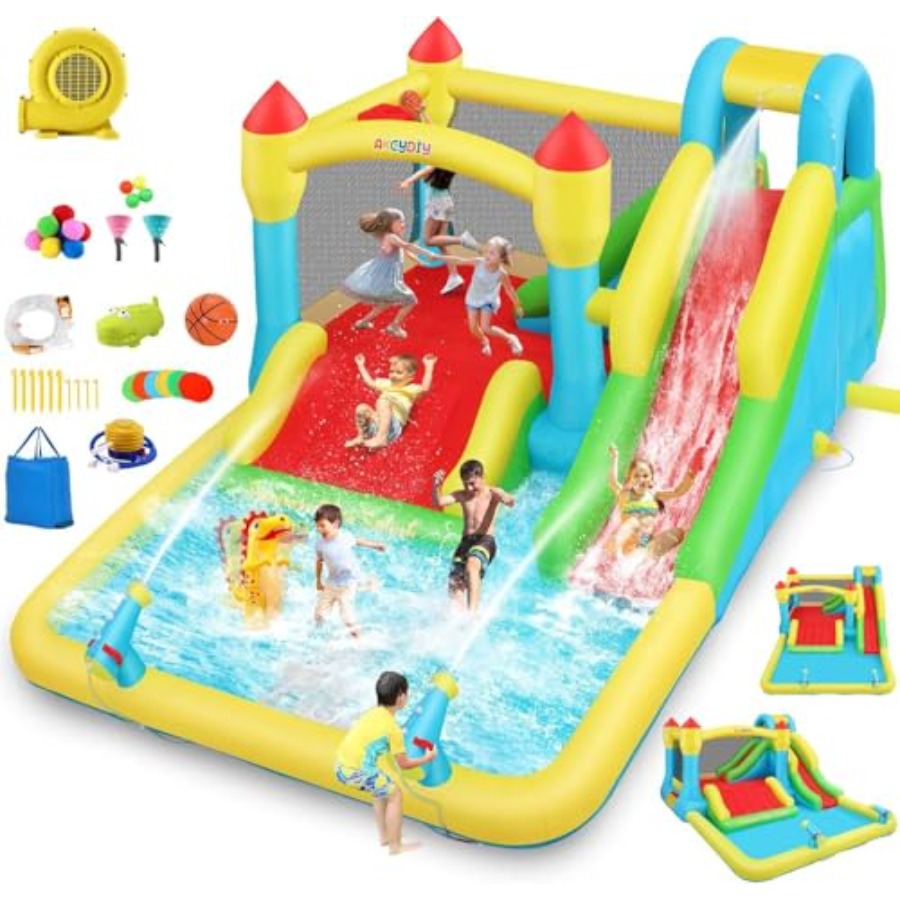 Kids Outdoor Inflatable Water Slide - บ้านลมเป่าลมสำหรับเด็กเล่นน้ำกลางแจ้ง/ในร่ม อายุ 3-12 ปี ทำจากวัสดุ PVC
