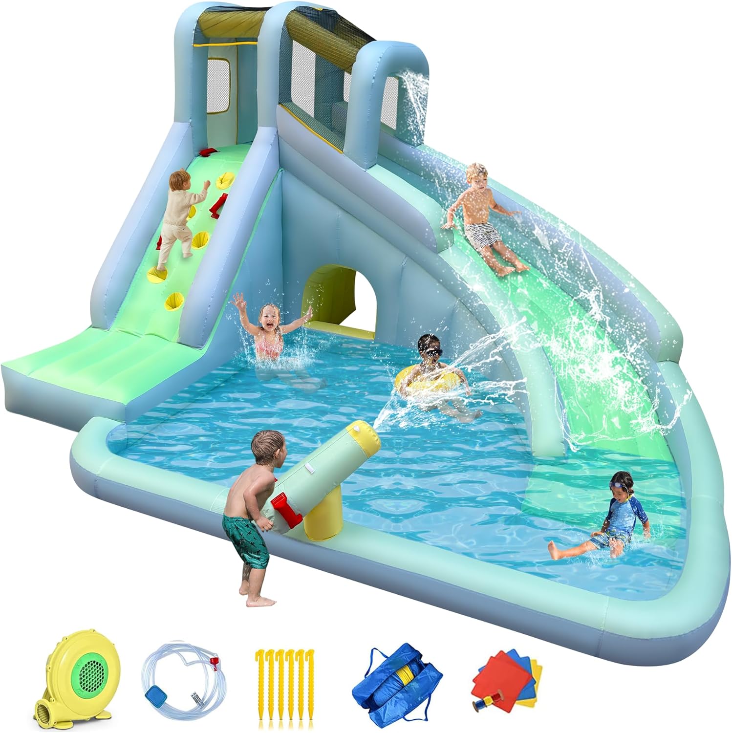 Kids Outdoor Inflatable Water Slide - บ้านลมเด็ก 6-in-1 พร้อมสวนน้ำ, แถมเครื่องเป่าลม 550W, สไลเดอร์ขนาดใหญ่