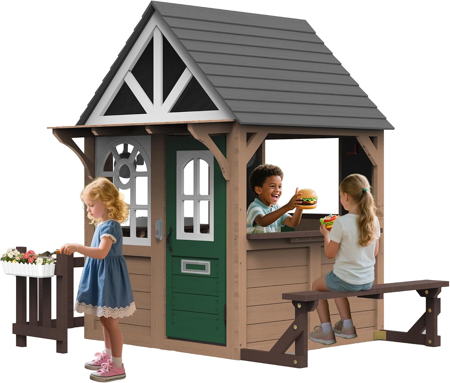 Kids Outdoor Playhouse - บ้านเด็กเล่นกลางแจ้ง Seizeen สำหรับเด็ก, บ้านเด็กเล่นไม้เฟอร์สำหรับใช้งานกลางแจ้งและในร่ม พร้อมห้องครัวและประตูแบบดัตช์