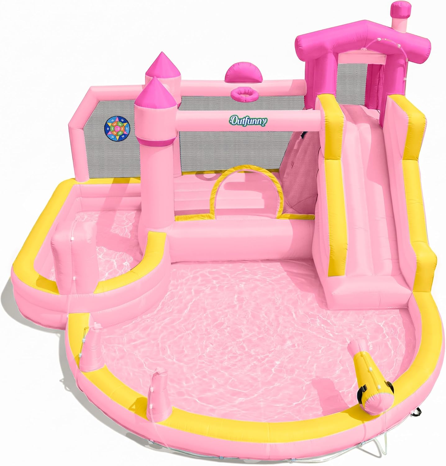 Kids Outdoor Inflatable Water Slide - สไลเดอร์น้ำเป่าลมสีชมพูสำหรับเด็กอายุ 3-12 ปี พร้อมสระน้ำคู่ ใช้กลางแจ้งในสวนหลังบ้าน รับน้ำหนักได้
