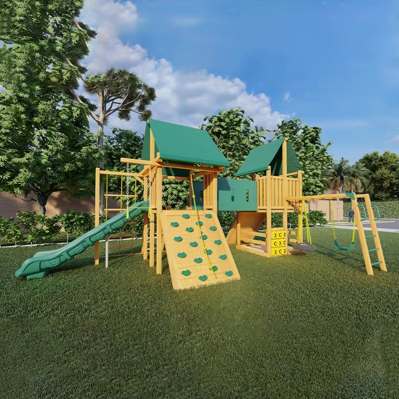 Kids Outdoor Wooden Playset - เครื่องเล่นสนามเด็กเล่นกลางแจ้ง ชุดเครื่องเล่นไม้ขนาดใหญ่ สไลเดอร์พลาสติก สนามเด็กเล่นกลางแจ้ง รุ่น Starsky