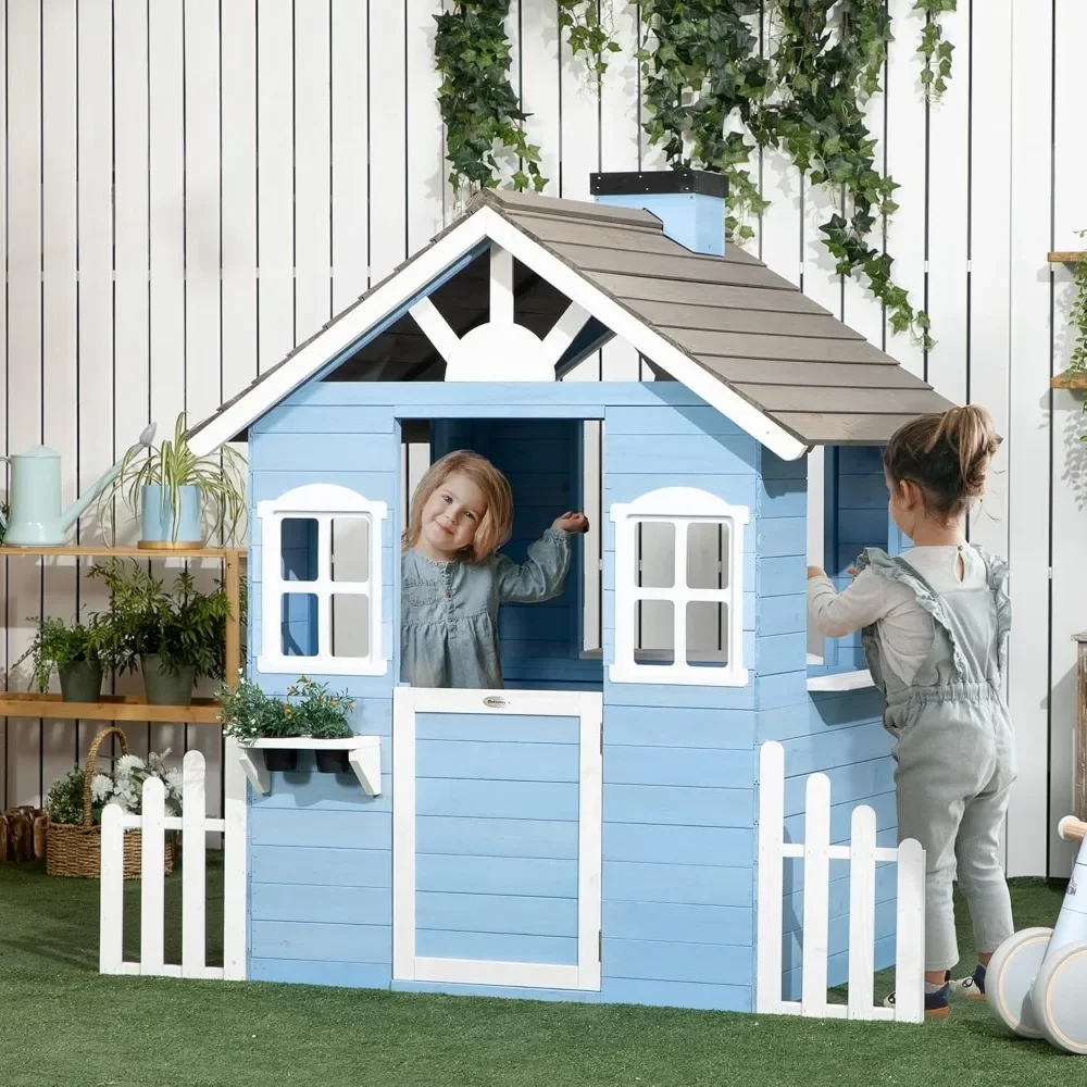 Kids Outdoor Playhouse - โรงละครสําหรับเด็กกลางแจ้งสไตล์ประเทศโรงละครไม้พร้อมผู้ถือกระถางดอกไม้,สถานีบริการเป็นเวลา 3-7 ปี,สีฟ้า A