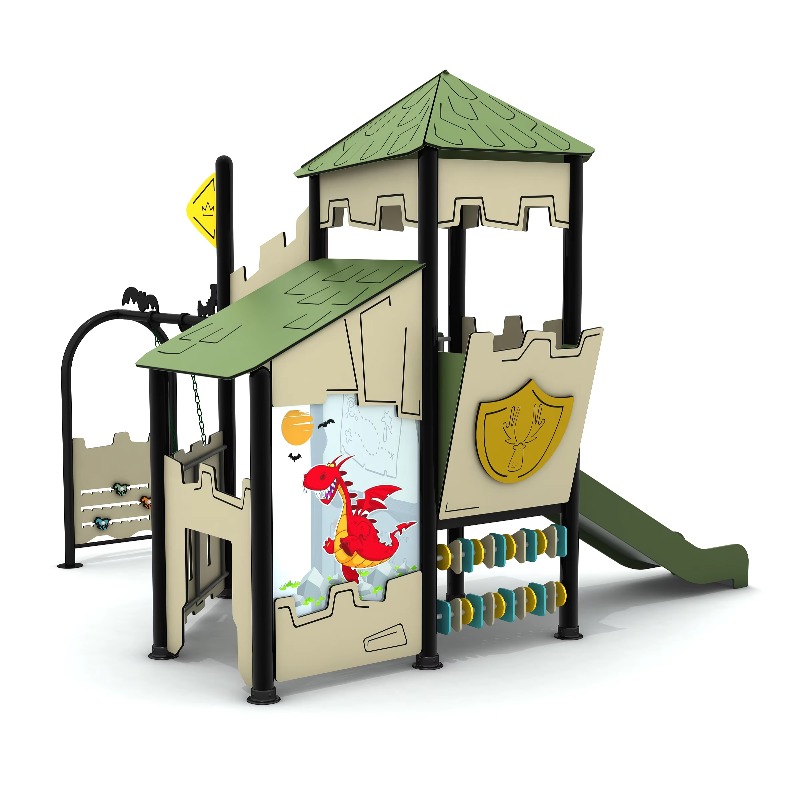 Kids Outdoor Wooden Playset - ชุดสนามเด็กเล่นไม้กลางแจ้ง บ้านเด็กเล่นโครงเหล็ก สำหรับใช้ในสวนเด็ก โครงสร้างสนามเด็กเล่นเชิงพาณิชย์ พร้อมสไลเดอร์และอุปกรณ์ปีนป่าย สำหรับสนามหลังบ้าน