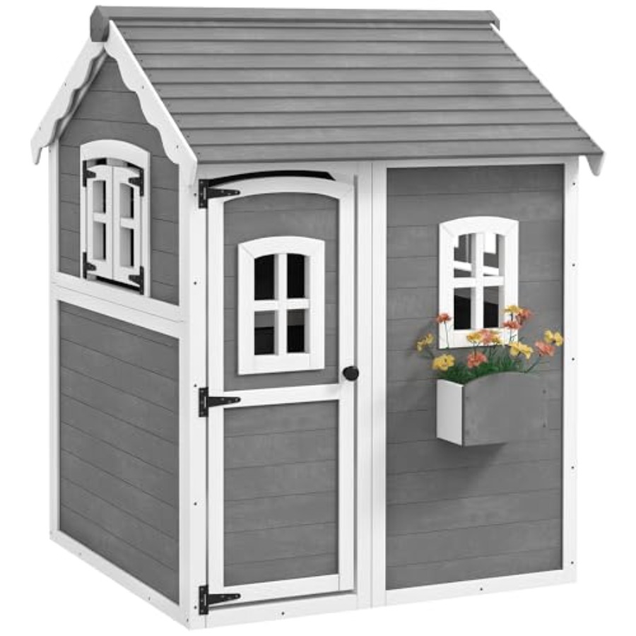 Kids Outdoor Playhouse - บ้านไม้สำหรับเด็กอายุ 3-8 ปี พร้อมพื้น ประตู หน้าต่าง