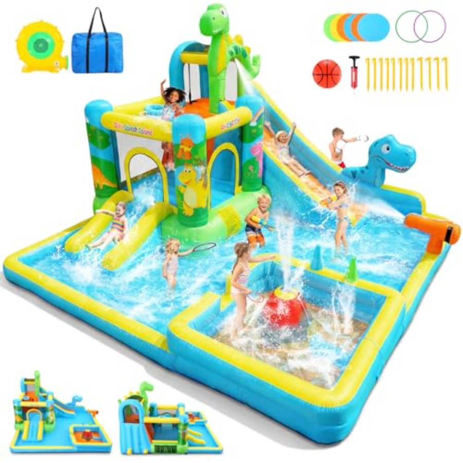 Kids Outdoor Inflatable Water Slide - สไลเดอร์น้ำเป่าลมสำหรับสนามหลังบ้าน: บ้านลมธีมไดโนเสาร์ 13-in-1 สำหรับเด็กอายุ 3-12 ปี