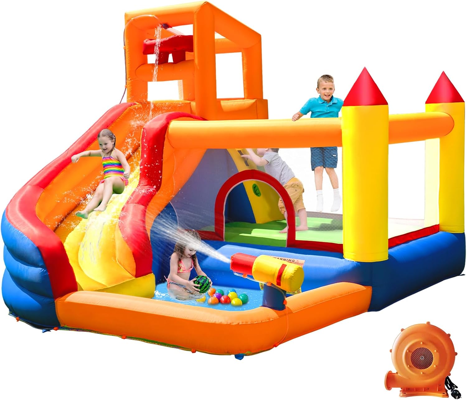 Kids Outdoor Inflatable Water Slide - HuaKastro สไลเดอร์น้ำเป่าลมพร้อมบ้านเด้งสำหรับเด็กพร้อมสระน้ำ, ศูนย์เล่นเป่าลม 5-in-1 สำหรับใช้งานในร่ม/กลางแจ้งสำหรับปีนป่ายและสไลด์