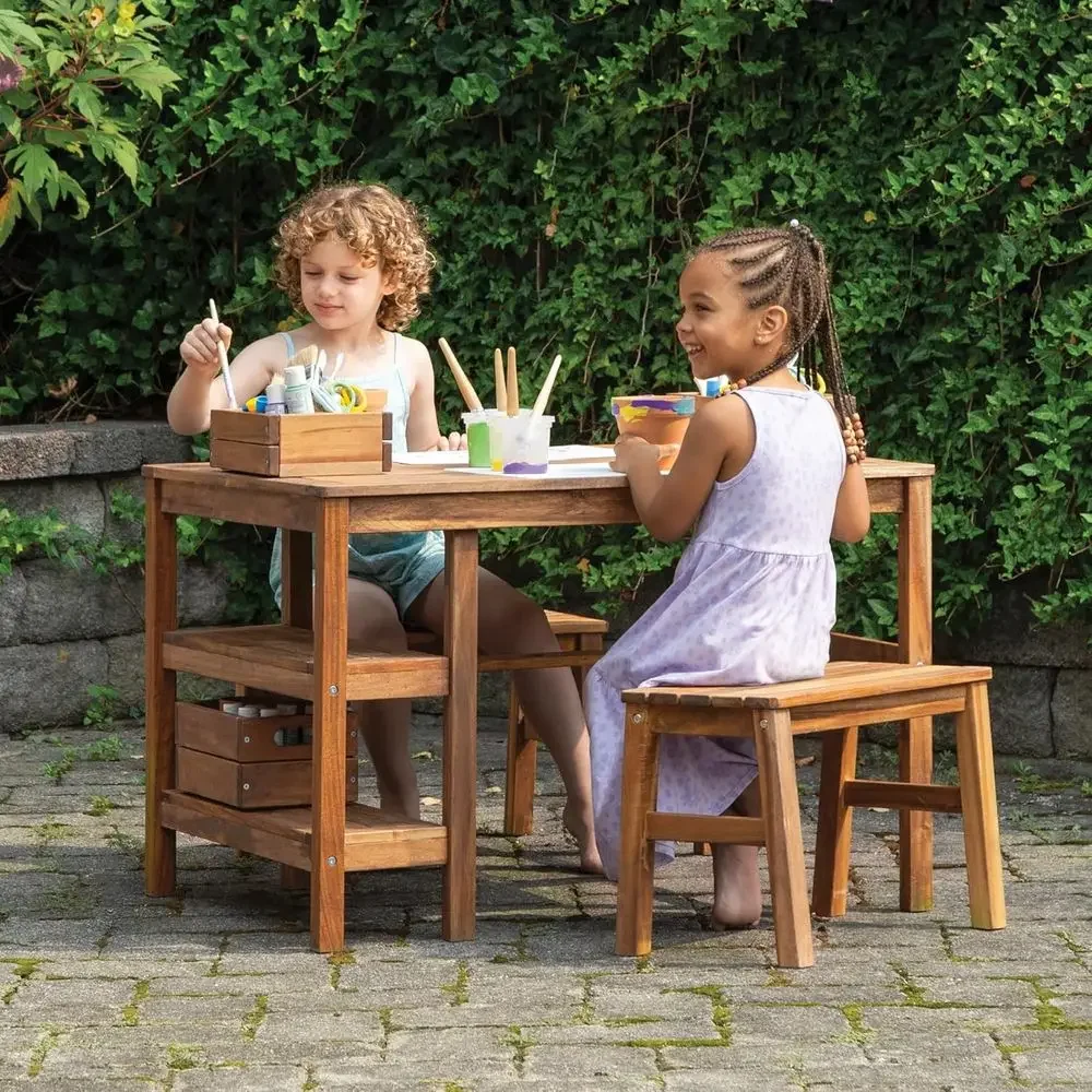 Kids Outdoor Wooden Playset - ชุดโต๊ะและม้านั่งสำหรับเด็กเล่นกลางแจ้ง: โต๊ะกิจกรรมไม้กระถินพร้อมลังเก็บของ, ที่วางของ และชั้นเก็บของ | โต๊ะสำหรับเด็กเล่นและปิกนิก
