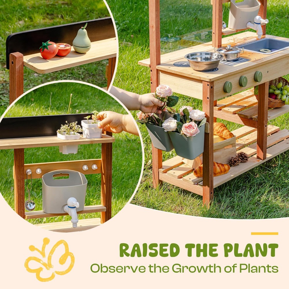 Kids Outdoor Wooden Playset - ชุดครัวไม้สำหรับเด็กเล่นกลางแจ้ง พร้อมอ่างล้างจานแบบมีน้ำไหล กระถางปลูกต้นไม้ และอุปกรณ์ทำอาหาร จัดส่งจากสหรัฐอเมริกา
