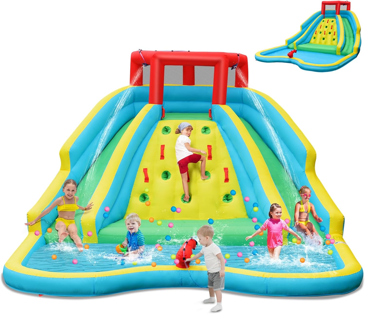 Kids Outdoor Inflatable Water Slide - สไลเดอร์น้ำเป่าลมขนาดใหญ่สำหรับเด็ก สวนน้ำกลางแจ้งพร้อมสไลเดอร์ยาวสองช่อง ผนังปีนป่าย ปืนฉีดน้ำและสายยาง สระน้ำขนาดใหญ่ สไลเดอร์น้ำเป่าลมสำหรับสนามหลังบ้าน