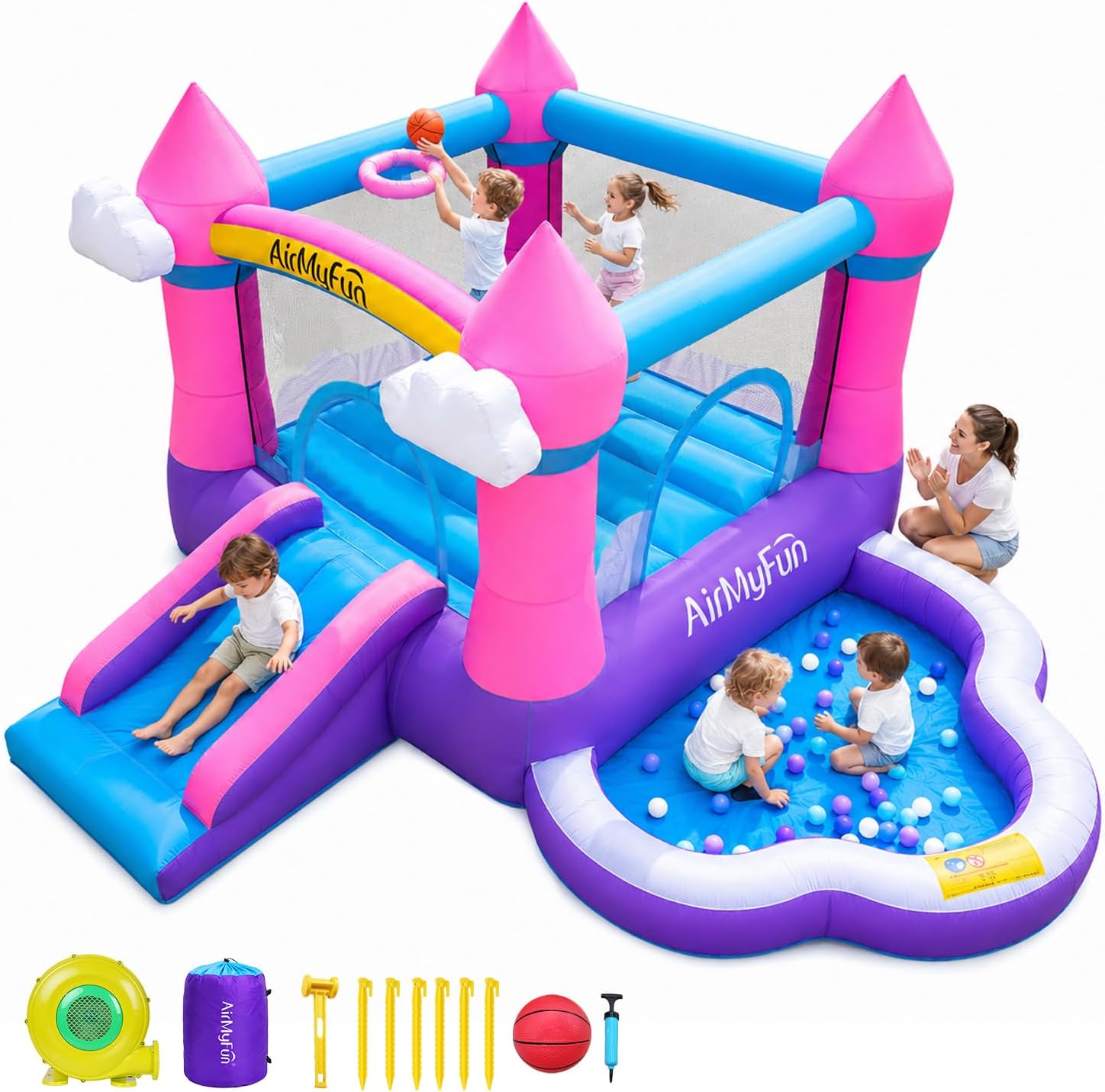 Kids Outdoor Ball - บ้านลมสีชมพูสำหรับเด็กอายุ 3-8 ปี ใช้ได้ทั้งในร่มและกลางแจ้ง - บ้านลมพร้อมสไลเดอร์,