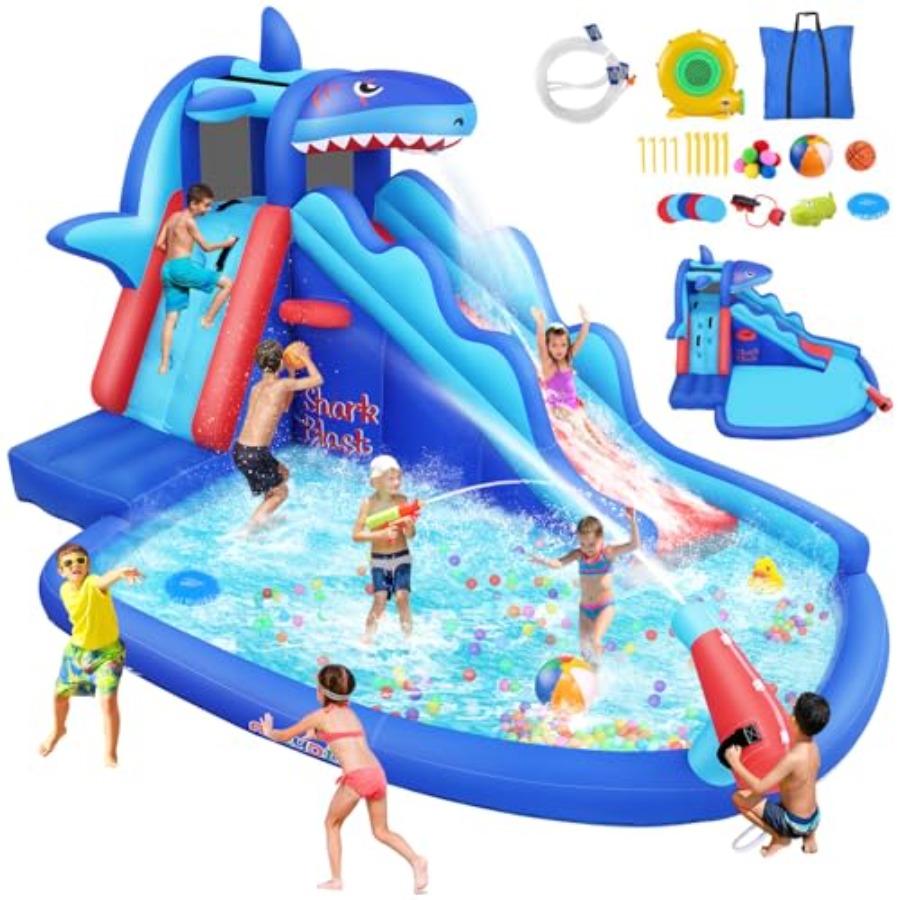 Kids Outdoor Inflatable Water Slide - สไลเดอร์น้ำเป่าลมสำหรับเด็กอายุ 3-12 ปี ลายฉลาม สีฟ้าและสีเหลือง พร้อมผนังปีนป่ายและสไลเดอร์ยาว