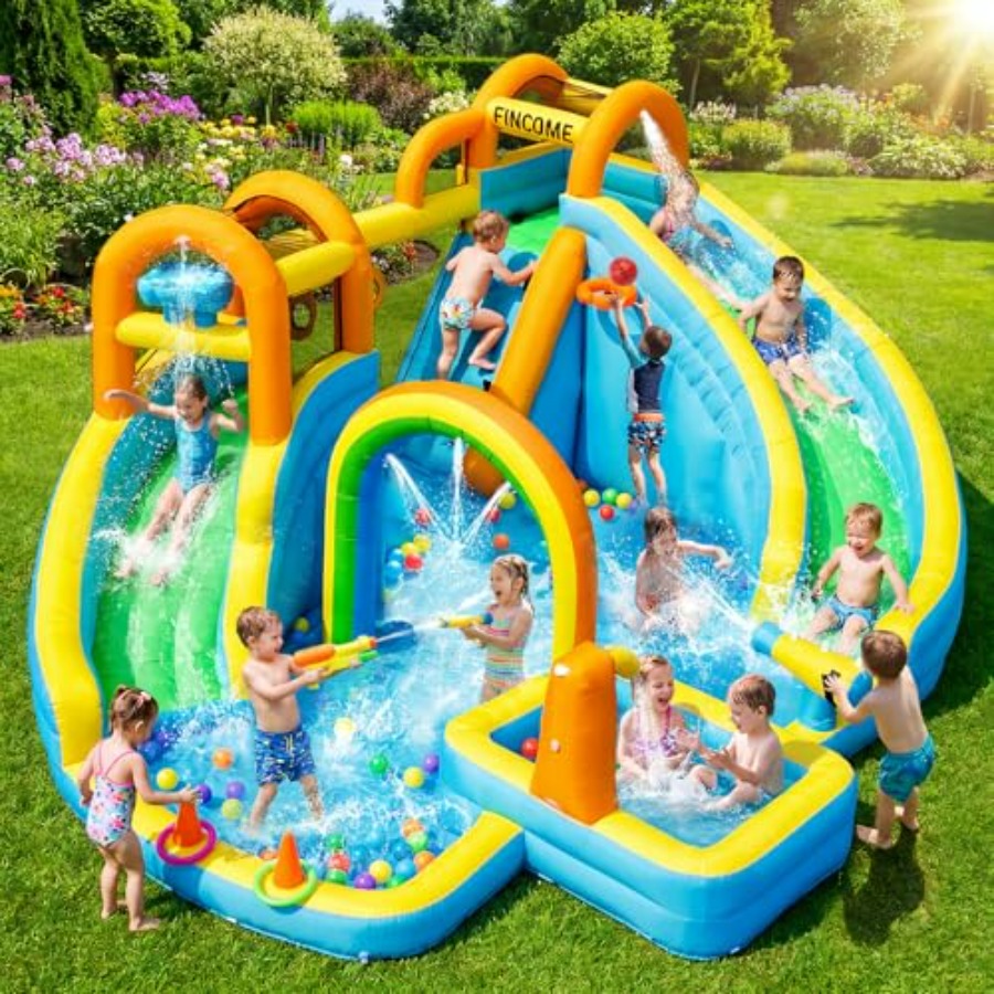 Kids Outdoor Inflatable Water Slide - สไลเดอร์น้ำเป่าลมสำหรับเด็กเล่นกลางแจ้งในสวนหลังบ้าน พร้อมสระน้ำสำหรับเล่นสาดน้ำ ห่วงบาสเก็ตบอล ยิงลูกบอล และปืนฉีดน้ำ ทำจากวัสดุ