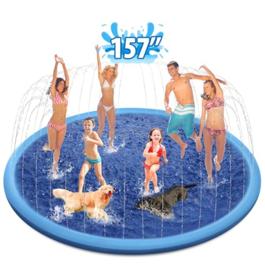 Sprinkler Splash Pad - แผ่นรองน้ำสำหรับเด็กและสุนัข: แผ่นสปริงเกอร์กันลื่นหนา 157 นิ้ว สีฟ้า ทนทานต่อรังสียูวี