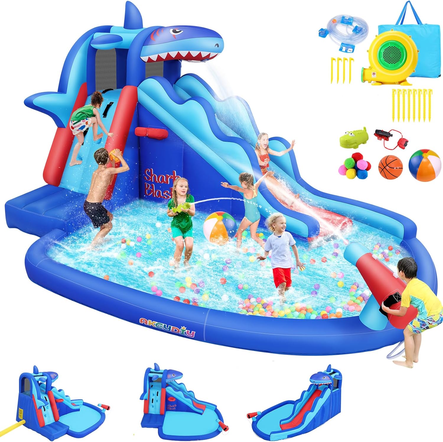 Kids Outdoor Inflatable Water Slide - สวนน้ำเป่าลมธีมฉลามสำหรับเด็ก: สไลเดอร์น้ำเป่าลมกลางแจ้งพร้อมผนังปีนป่าย, ห่วงบาสเก็ตบอล, สระน้ำเล่น และปืนฉีดน้ำสำหรับความสนุกในสวนหลังบ้าน