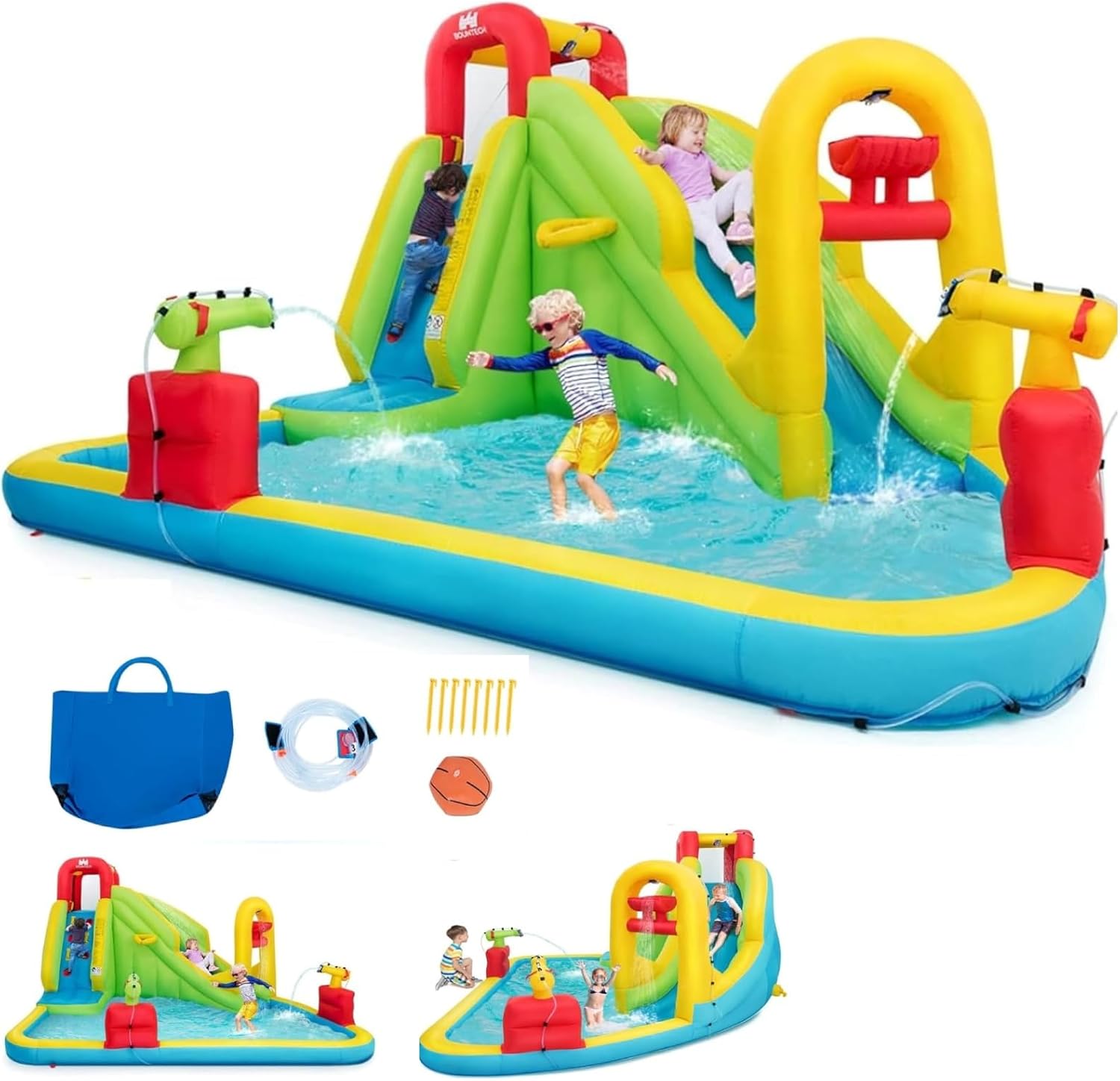 Kids Outdoor Inflatable - เมกะสวนน้ำเป่าลมสำหรับเด็ก - สไลเดอร์น้ำเป่าลมพร้อมสระน้ำ, บассейน, และผนังปีนป่าย, ของขวัญสำหรับงานปาร์ตี้สนุกสนานกลางแจ้งสำหรับครอบครัว