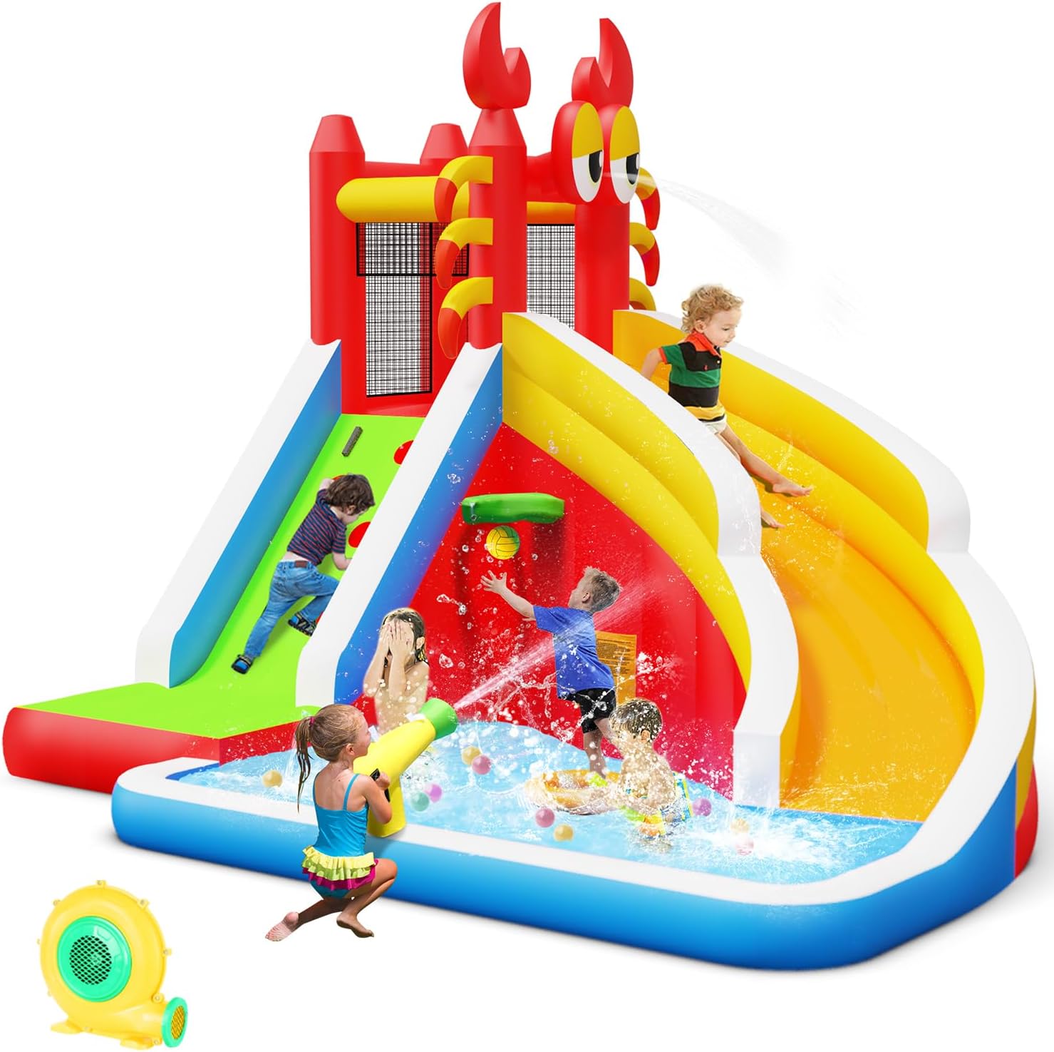 Kids Outdoor Inflatable Water Slide - บ้านลมเป่าลมขนาดใหญ่พร้อมสไลเดอร์น้ำสำหรับเด็ก - ประกอบด้วยสระน้ำเล่น, ผนังปีนป่าย, ห่วงบาสเก็ตบอล และปืนฉีดน้ำสำหรับงานปาร์ตี้ในร่ม/กลางแจ้ง