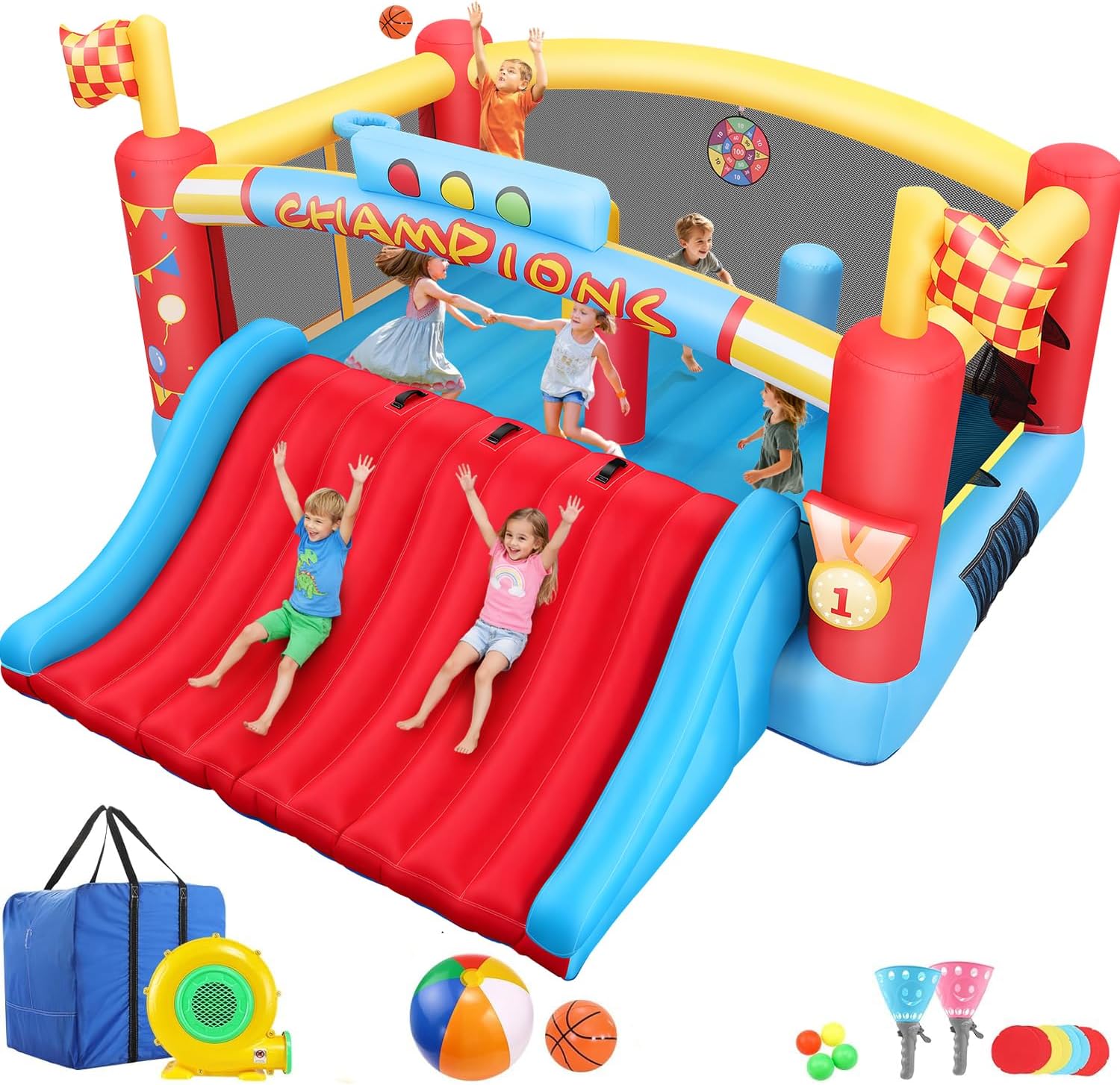 Kids Outdoor Inflatable - บ้านลมขนาดใหญ่สำหรับเด็กโต, บ้านลมกลางแจ้งขนาด 13 ฟุตพร้อมเครื่องเป่าลม, ห่วงบาสเก็ตบอลคู่, เกมโยนลูกบอล