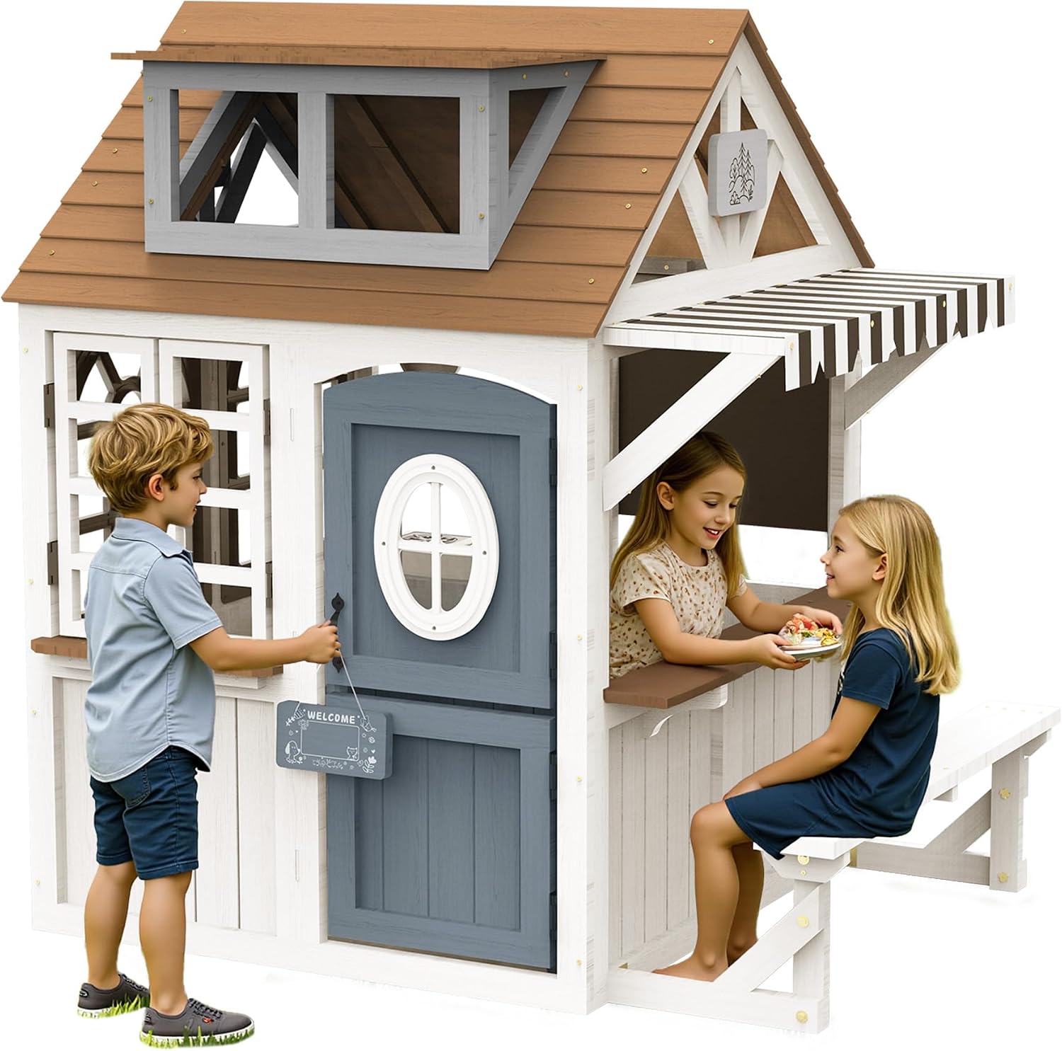 Kids Outdoor Wooden Playset - บ้านเด็กเล่นกลางแจ้งทำจากไม้ Albott พร้อมชุดครัว | กระท่อมหลังบ้านพร้อมชุดครัวจำลอง, ประตูแบบดัตช์,