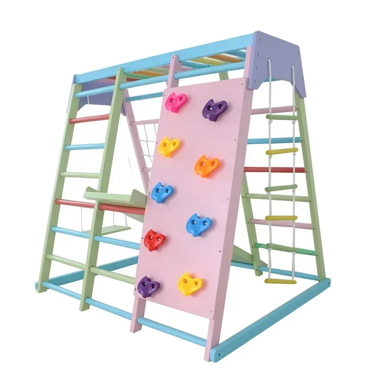 Kids Outdoor Wooden Playset - ชุดเครื่องเล่นปีนป่ายไม้สำหรับเด็ก พร้อมชิงช้า สไลเดอร์ และอุปกรณ์ออกกำลังกายกลางแจ้ง สำหรับใช้ในบ้านและโรงเรียน