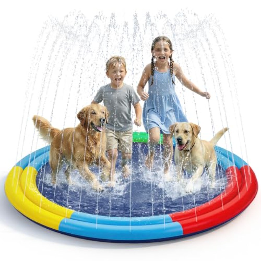 Sprinkler Splash Pad - แผ่นรองน้ำสำหรับสัตว์เลี้ยงและสุนัข ขนาดใหญ่พิเศษ 78 นิ้ว แผ่นสปริงเกอร์กันลื่นหนาพิเศษ ของเล่นน้ำสำหรับสนามหญ้ากลางแจ้ง