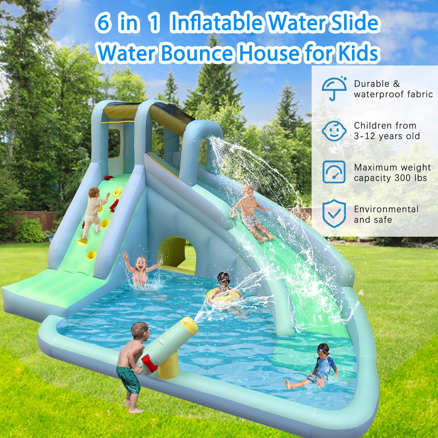 บ้านลมเด็ก 6-in-1 พร้อมสวนน้ำ, - Kids Outdoor Inflatable Water Slide บทวิจารณ์และราคา