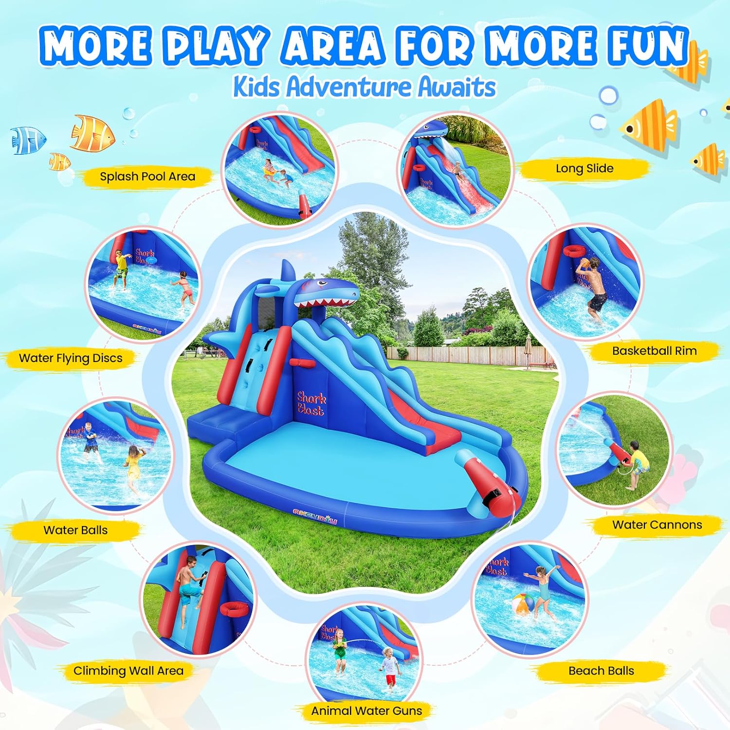 สวนน้ำเป่าลมธีมฉลามสำหรับเด็ก: - Kids Outdoor Inflatable Water Slide บทวิจารณ์และราคา