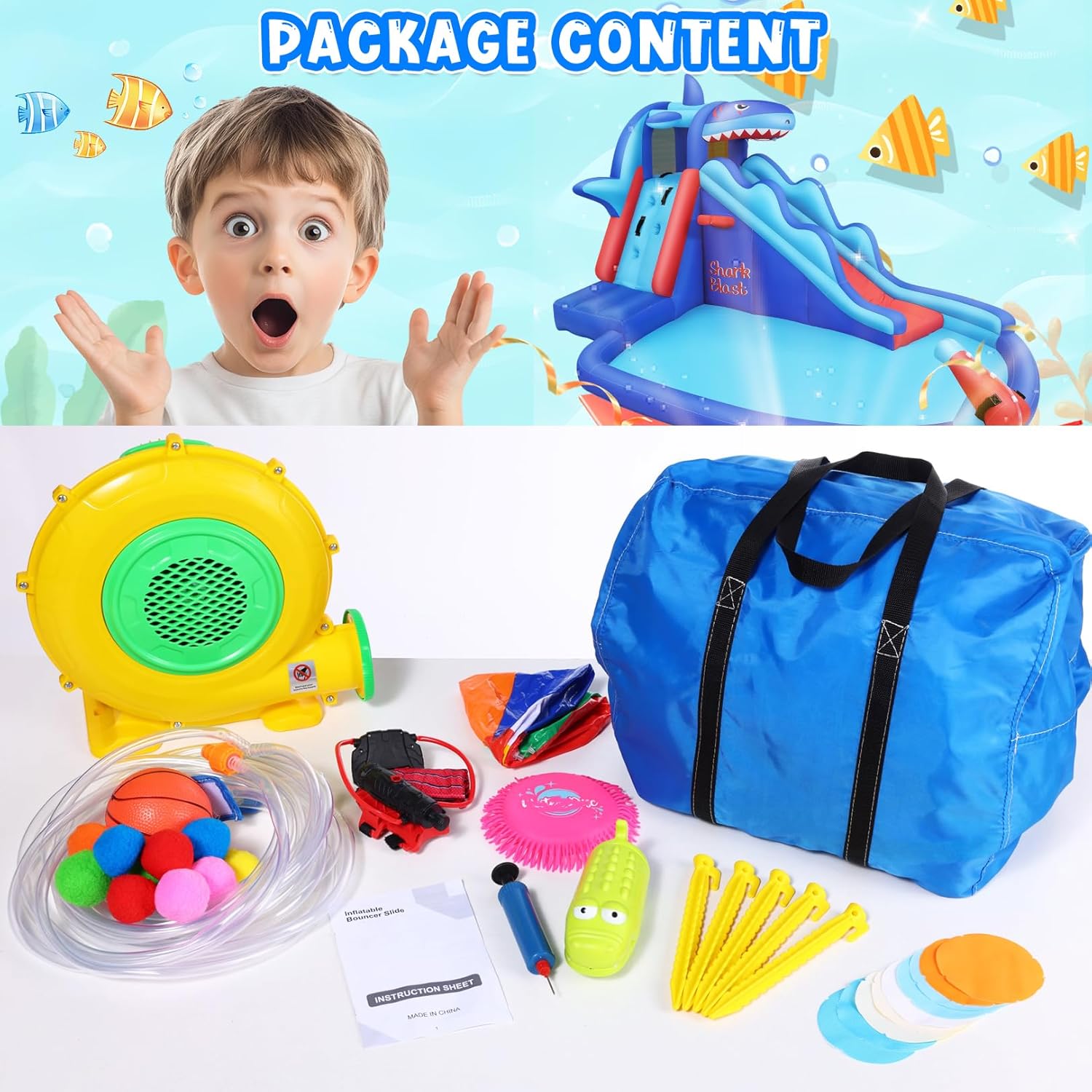 สวนน้ำเป่าลมธีมฉลามสำหรับเด็ก: - Kids Outdoor Inflatable Water Slide บทวิจารณ์และราคา