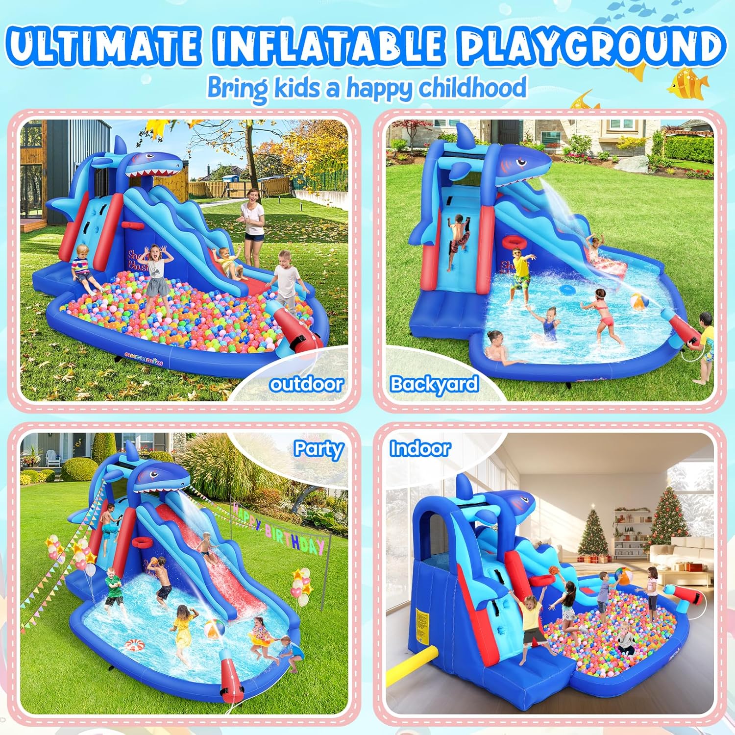 สวนน้ำเป่าลมธีมฉลามสำหรับเด็ก: - Kids Outdoor Inflatable Water Slide บทวิจารณ์และราคา